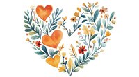 Watercolor floral heart arrangement with orange hearts and delicate flowers in teal and yellow, romantic botanical composition on white background.