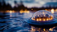 Glowing underwater light fixture creating ripples in dark water with bokeh city lights in background, moody evening atmosphere for aquatic design.