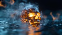 Glowing skull submerged in dark water with orange flames and smoke creating mysterious atmospheric scene. Dramatic lighting highlights skeletal details.
