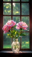 Pink peonies in glass vase on windowsill with sunlight streaming through vintage window panes, creating dreamy bokeh effect in garden background.