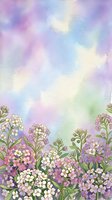 Watercolor spring flowers border with pastel purple blue sky background for greeting cards wedding invitations and romantic designs.