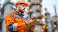 Male construction worker in orange safety gear writing on clipboard at industrial site with blurred equipment background for workplace safety documentation.