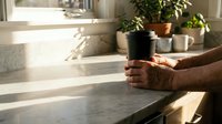Senior hands holding warm coffee mug in sunlit kitchen with houseplants creating peaceful morning atmosphere for wellness and lifestyle content.