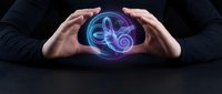 Hands protecting glowing musical note symbol in neon blue and purple light effects on dark background for creative design projects.