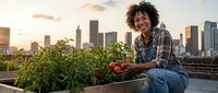 Woman with curly hair and medium brown skin tone harvesting ripe tomatoes from rooftop garden planter with urban skyline in background at sunset.