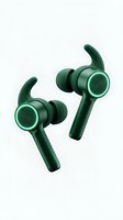 Pair of green wireless earbuds with glowing accent rings and ergonomic ear hooks, isolated on white background for tech product design and marketing use.