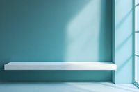 Empty white floating shelf on mint green wall with window light and shadows, minimalist interior design background for product display and presentation.