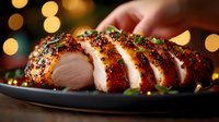 Juicy sliced roasted pork tenderloin with herbs and spices on dark plate against blurred golden bokeh lights, garnished with fresh herbs and seasonings.