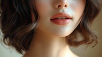 Close-up of woman with wavy brown hair wearing coral lipstick, soft focus portrait highlighting lips and chin against neutral background.