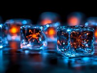 Glowing virus particles trapped in translucent ice cubes with blue and orange lighting effects on dark background, medical science concept visualization.