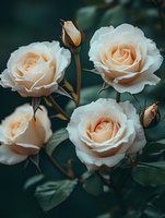 Peach and cream roses in full bloom with unopened buds against dark foliage, perfect for wedding, floral design, and botanical projects.