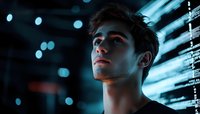 Young Caucasian male in profile against dark background with blue neon lights and digital data streams, representing technology and cybersecurity concepts in modern setting.