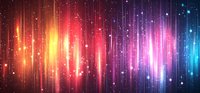 Vibrant spectrum of light rays with glowing particles creating magical aurora effect against dark background, colorful abstract design for festive backgrounds.