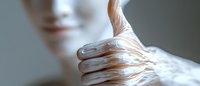 Young Caucasian woman's hand covered in white cream or lotion making thumbs up gesture against blurred background, skincare and moisturizing concept.