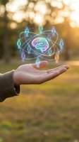 Hand holding holographic brain network with connected people icons representing artificial intelligence, teamwork and human resources management concepts.
