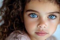 Close up portrait of young mixed race girl with striking blue eyes and natural curly dark hair, wearing pink. Soft natural lighting creates gentle shadows on face.
