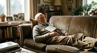 Senior Caucasian man with white beard reading book on comfortable leather sofa in cozy living room with family photos and plants creating warm home atmosphere.