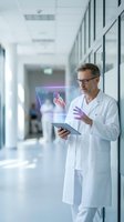 Middle-aged Caucasian male doctor in white coat using tablet with holographic heart display in modern hospital corridor for medical technology and healthcare innovation.