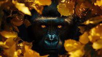 Dark gorilla face with intense orange eyes peering through golden autumn leaves, creating dramatic wildlife contrast for conservation awareness.