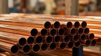 Stack of shiny copper pipes in industrial warehouse setting for construction and plumbing projects with selective focus on circular openings.