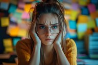 Young woman with long brown hair and glasses wearing mustard yellow sweater, resting head on hands with thoughtful expression against colorful sticky notes background for stress, creativity, brainstorming concepts.