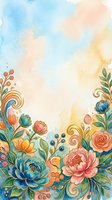 Colorful watercolor floral border with peonies, roses, and golden swirls on a soft pastel background, perfect for cards and invitations.