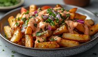 Crispy roasted potato wedges topped with creamy sauce, fresh herbs, red onions and parsley on gray ceramic plate, close up view of comfort food.
