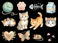 Cat and pet supplies collection with yarn ball, paw print, fish skeleton, milk carton, kittens, cat faces, floral heart, butterfly, mouse and stones isolated on transparent background for t-shirt designs, stickers and clipart.