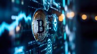 Golden bitcoin coin with cryptocurrency market data charts and trading information displayed on dark background with blue glowing elements and bokeh effect.