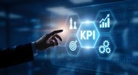 Business professional hand touching KPI dashboard with performance metrics and analytics icons on digital interface for corporate strategy.