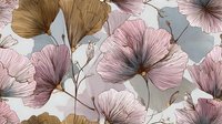 Delicate pink and gold floral pattern with elegant line art flowers on soft gray background. Botanical illustration for fabric design.