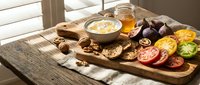 Rustic wooden board with fresh figs, honey, nuts and colorful tomatoes in warm sunlight. Healthy Mediterranean breakfast or appetizer spread.