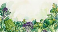 Watercolor illustration of fresh cruciferous vegetables including broccoli, cauliflower and cabbage with green foliage on neutral background, suitable for culinary, nutrition and healthy eating designs.