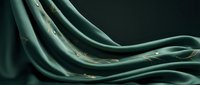 Flowing green silk fabric with golden accents creates elegant waves and curves against dark background for luxury design projects.