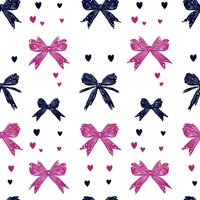 Seamless pattern with navy blue and pink bows scattered among small hearts on white background. Romantic design for fabric, wrapping paper and digital projects.