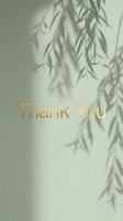 Thank you card with gold foil text on sage green background with soft leaf shadows, elegant minimal design for social media or greeting.