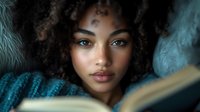 Young African American woman with natural curly hair reading book in cozy teal sweater, soft atmospheric lighting creates intimate mood for lifestyle and education concepts.