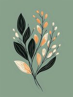 Minimalist botanical illustration featuring dark green leaves and delicate peach and cream floral elements on sage background. Elegant line art style for modern decor.