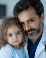 Middle-aged Caucasian father with gray beard embracing young daughter in medical office setting. Healthcare professional family bonding moment for parenting concepts.