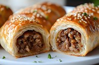 Flaky puff pastry rolls filled with seasoned ground meat and topped with sesame seeds, sliced to show layered texture and savory filling on white plate.