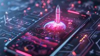 Futuristic rocket launch from digital circuit board with glowing pink and blue neon lights, technology concept representing startup or innovation breakthrough.