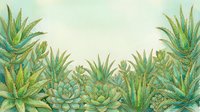 Watercolor succulents and aloe vera plants border on soft mint background, copy space for text, botanical nature art.