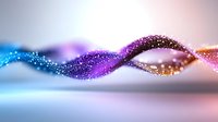 Glowing spiral wave with sparkling particles in purple and blue colors against blurred background creates magical flowing effect for technology designs.