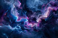 Mystical swirling clouds in deep blue and vibrant pink create an ethereal cosmic atmosphere, with flowing smoke-like patterns merging into abstract celestial formations.