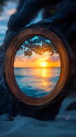 Sunset ocean view through natural wooden portal frame, dramatic orange sky reflecting on blue water waves, silhouetted tree branches at twilight.