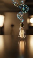 Vintage light bulb with glowing digital icons streaming upward representing innovation, creativity and bright ideas for business and technology concepts.