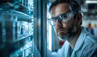 Mature bearded scientist in protective eyewear examining laboratory samples in illuminated storage unit. Modern research facility setting with blue lighting.