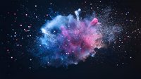 Cosmic explosion of blue and pink powder particles against dark background, creating galaxy-like nebula effect for creative design projects.