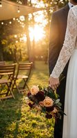 Newlywed couple holding autumn wedding bouquet with roses and burgundy flowers during golden hour sunset ceremony in garden with string lights.