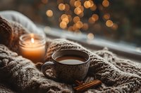 Cozy ceramic mug with hot drink on knitted blanket beside glowing candle, warm bokeh lights in background creating hygge winter atmosphere.